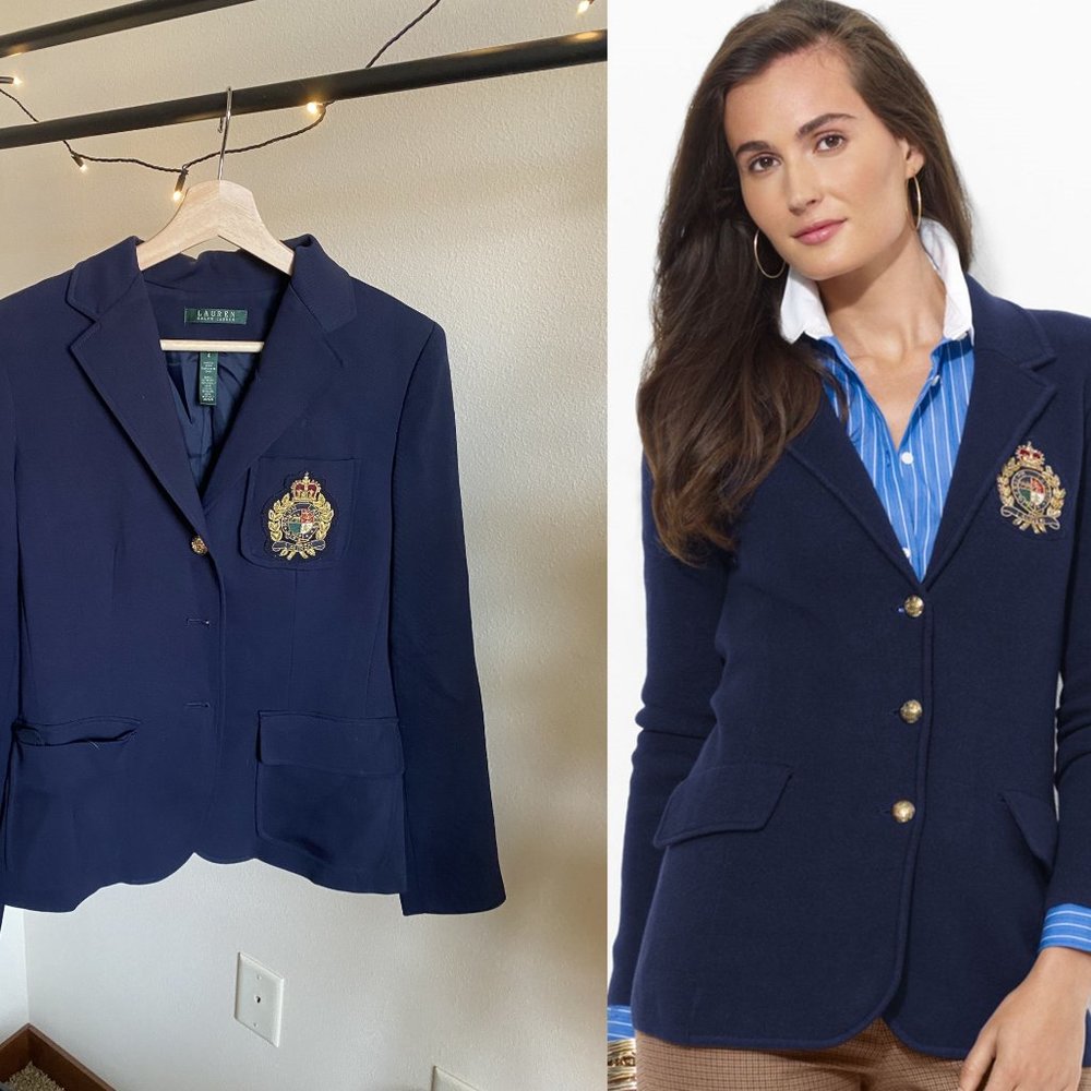 (US 4/S) Ralph Lauren Button Front Blazer with Crest in Blue, Lightly Worn